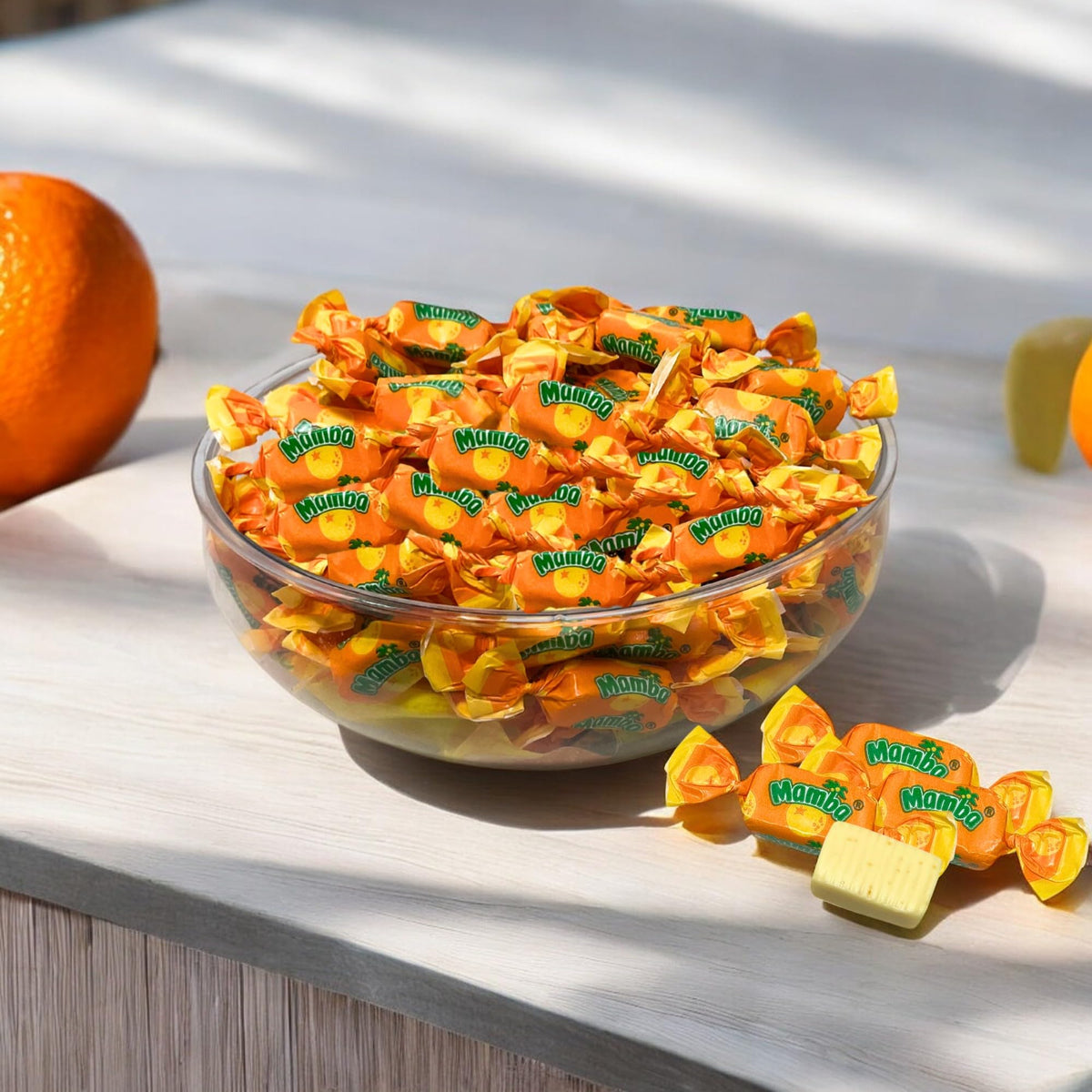 Assortit Orange Mamba chews bag close-up showcases juicy orange flavor.