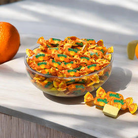 Assortit Orange Mamba chews bag close-up showcases juicy orange flavor.