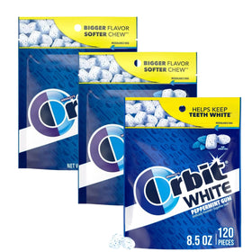 Assortit Orbit White Peppermint gum 3-pack front view with resealable bags for fresh breath.