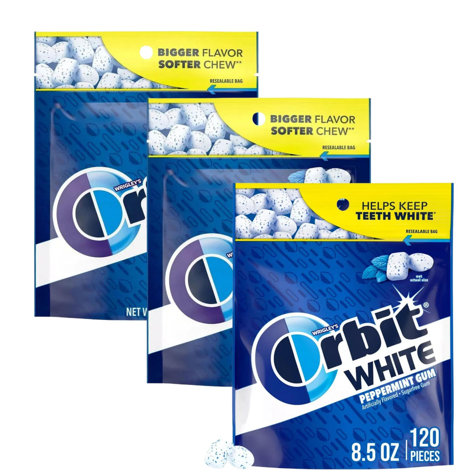 Assortit Orbit White Peppermint gum 3-pack front view with resealable bags for fresh breath.