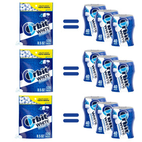Assortit Orbit White Peppermint gum 3-pack resealable bags for on-the-go freshness.