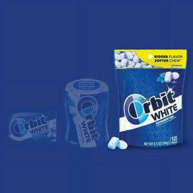 Assortit Orbit White Peppermint gum close-up pieces show icy mint flavor.