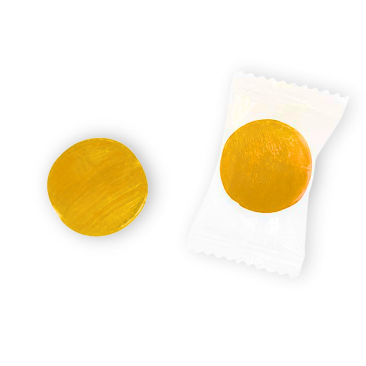 Closeup of Assortit Peach Buttons reveals juicy peach flavor and classic candy texture.