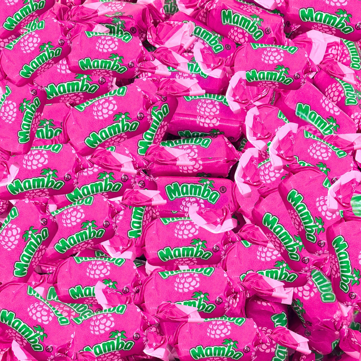Assortit Raspberry Mamba Chews 1 lb bag, vibrant raspberries for on-the-go snacking.