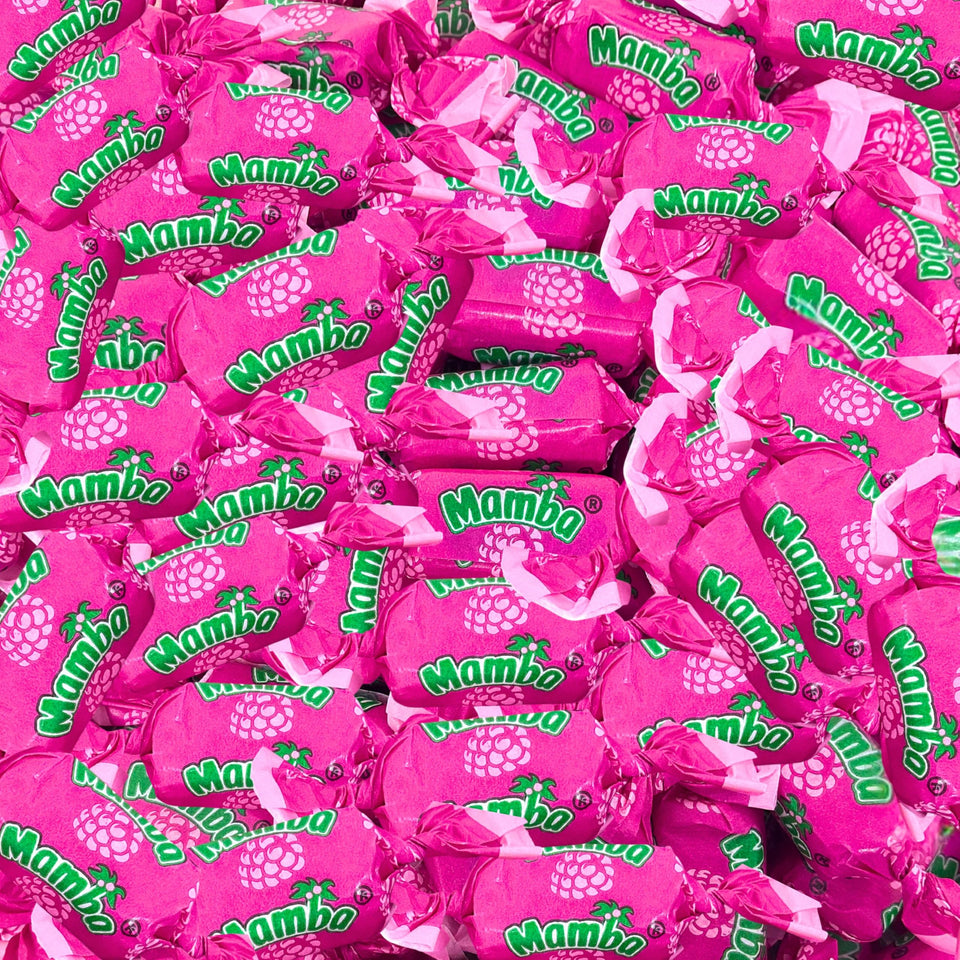 Assortit Raspberry Mamba Chews 1 lb bag, vibrant raspberries for on-the-go snacking.