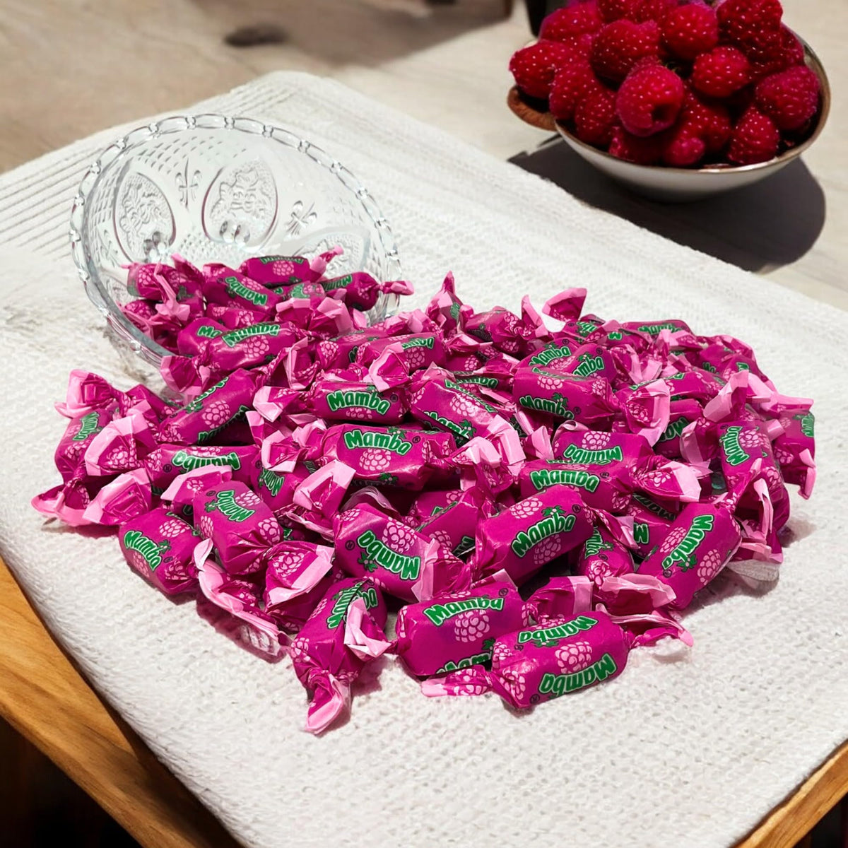 Assortit Raspberry Mamba Chews close-up shows soft, chewy texture for satisfying bites.