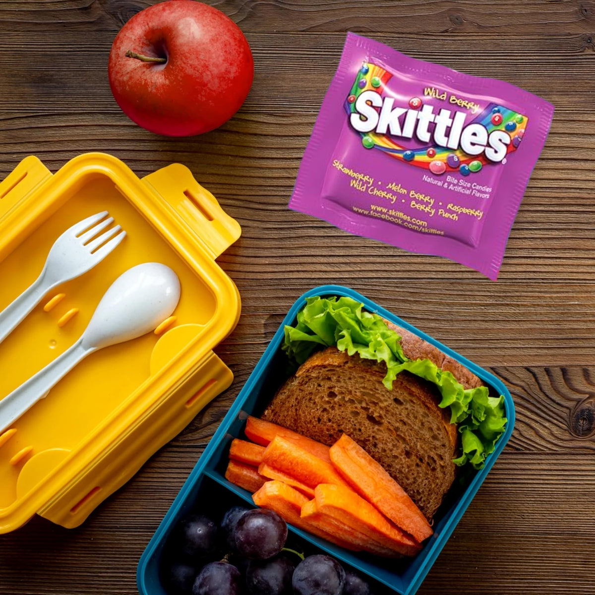 Assortit Skittles label highlights peanut-free and vegan features.