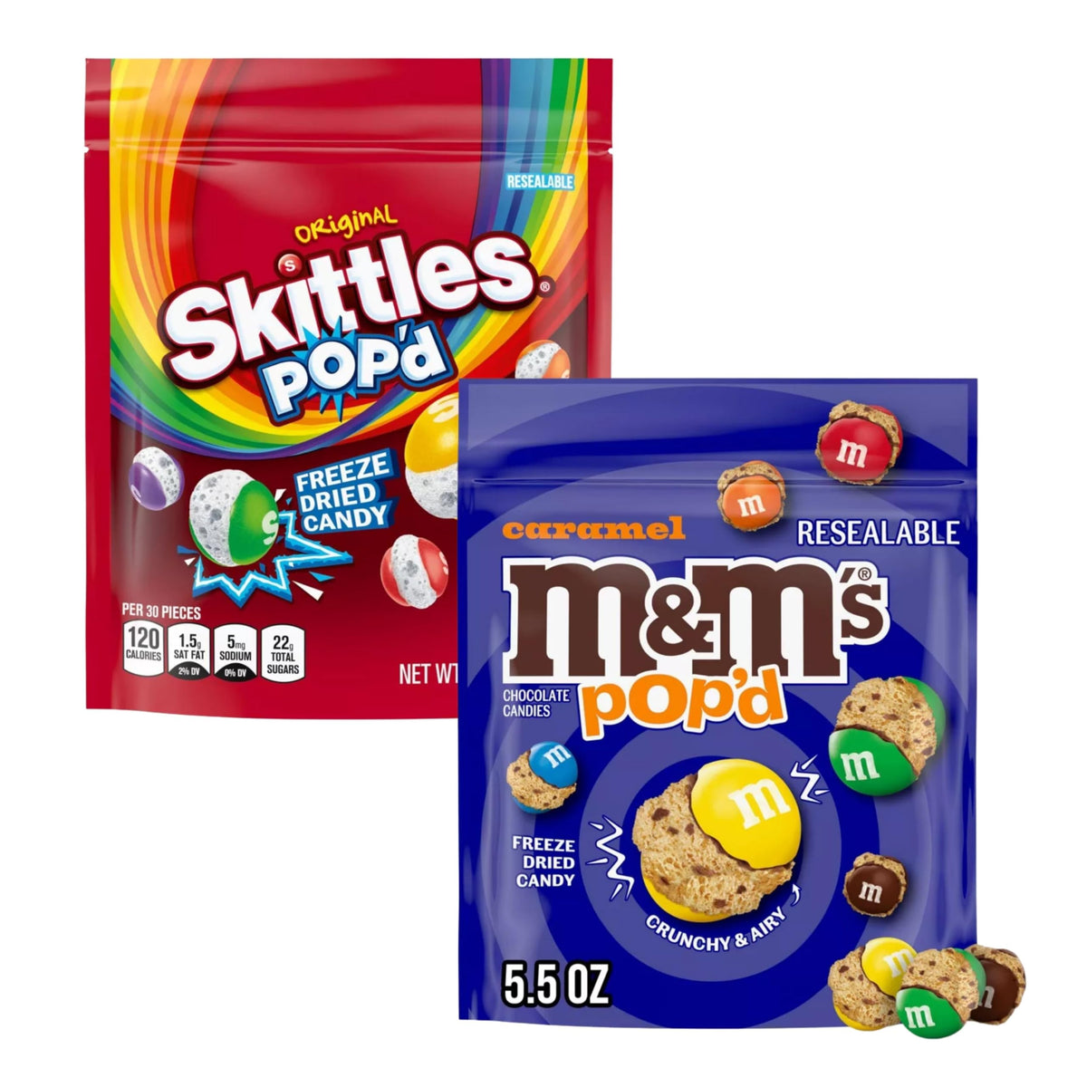 Assortit Skittles POPD bag reveals airy freeze-dried candy for on-the-go snacking.