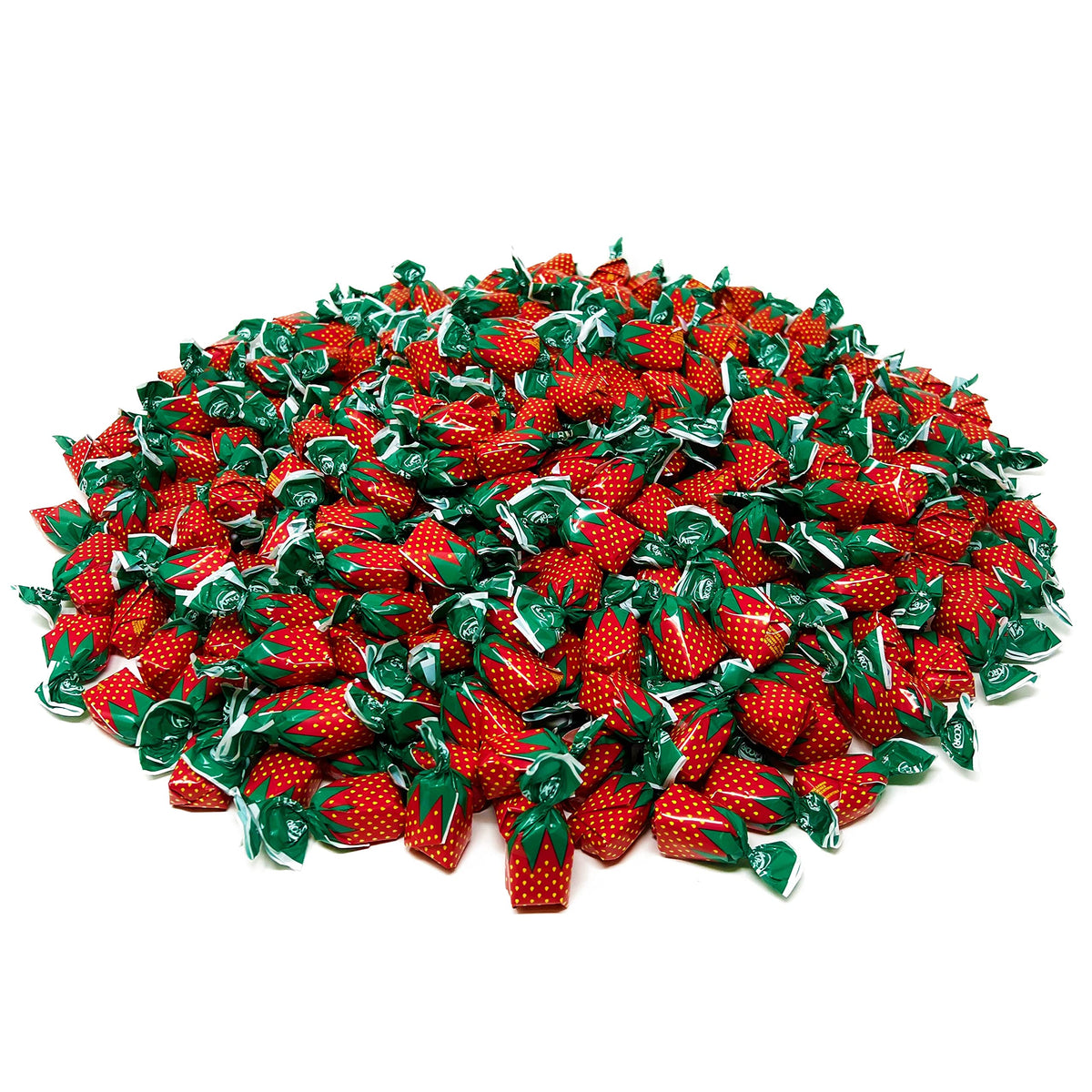 Assortit strawberry hard candy close-up reveals chewy, natural strawberry flavor.