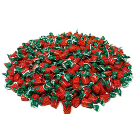 Assortit strawberry hard candy close-up reveals chewy, natural strawberry flavor.