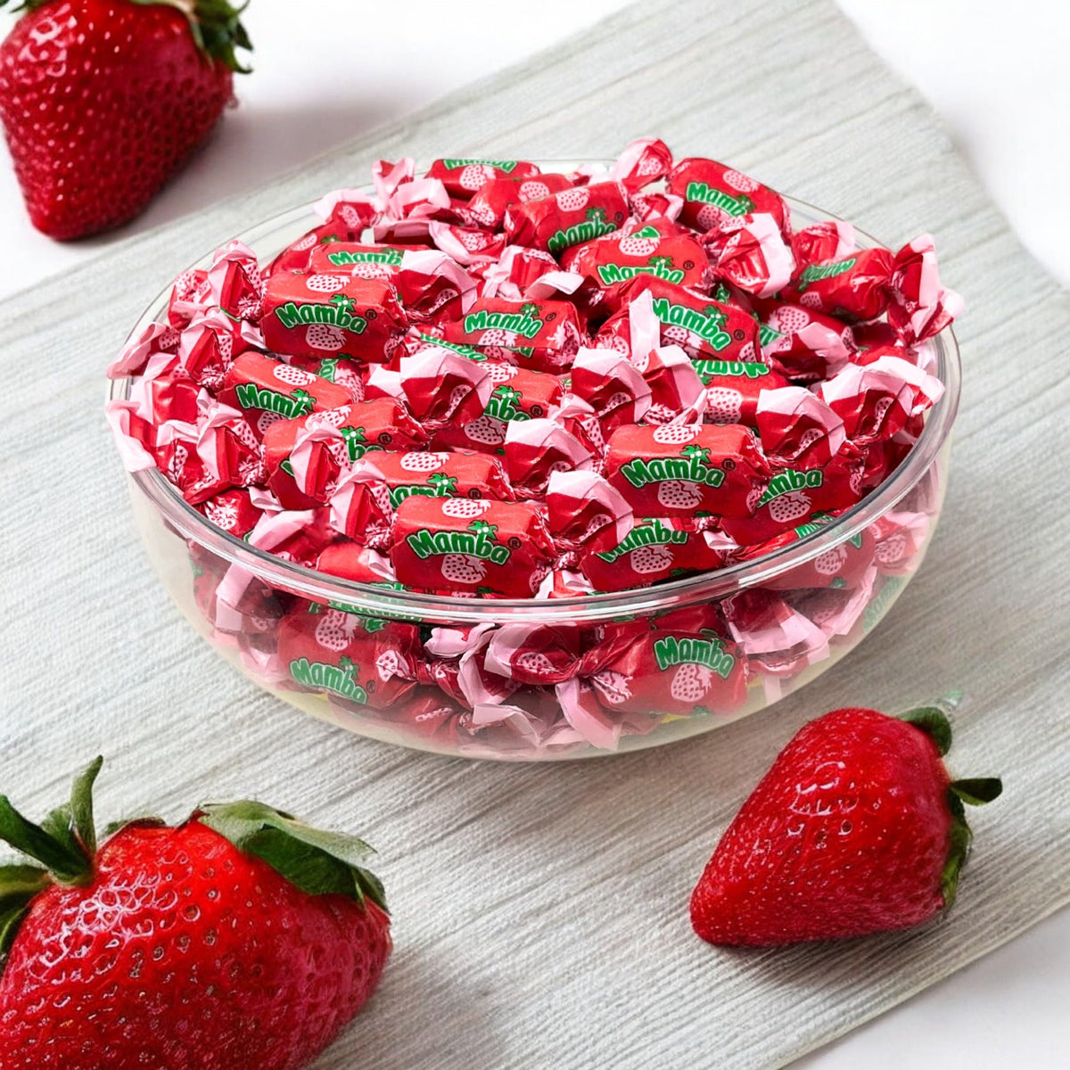Assortit Strawberry Mamba individually wrapped chews for on the go.