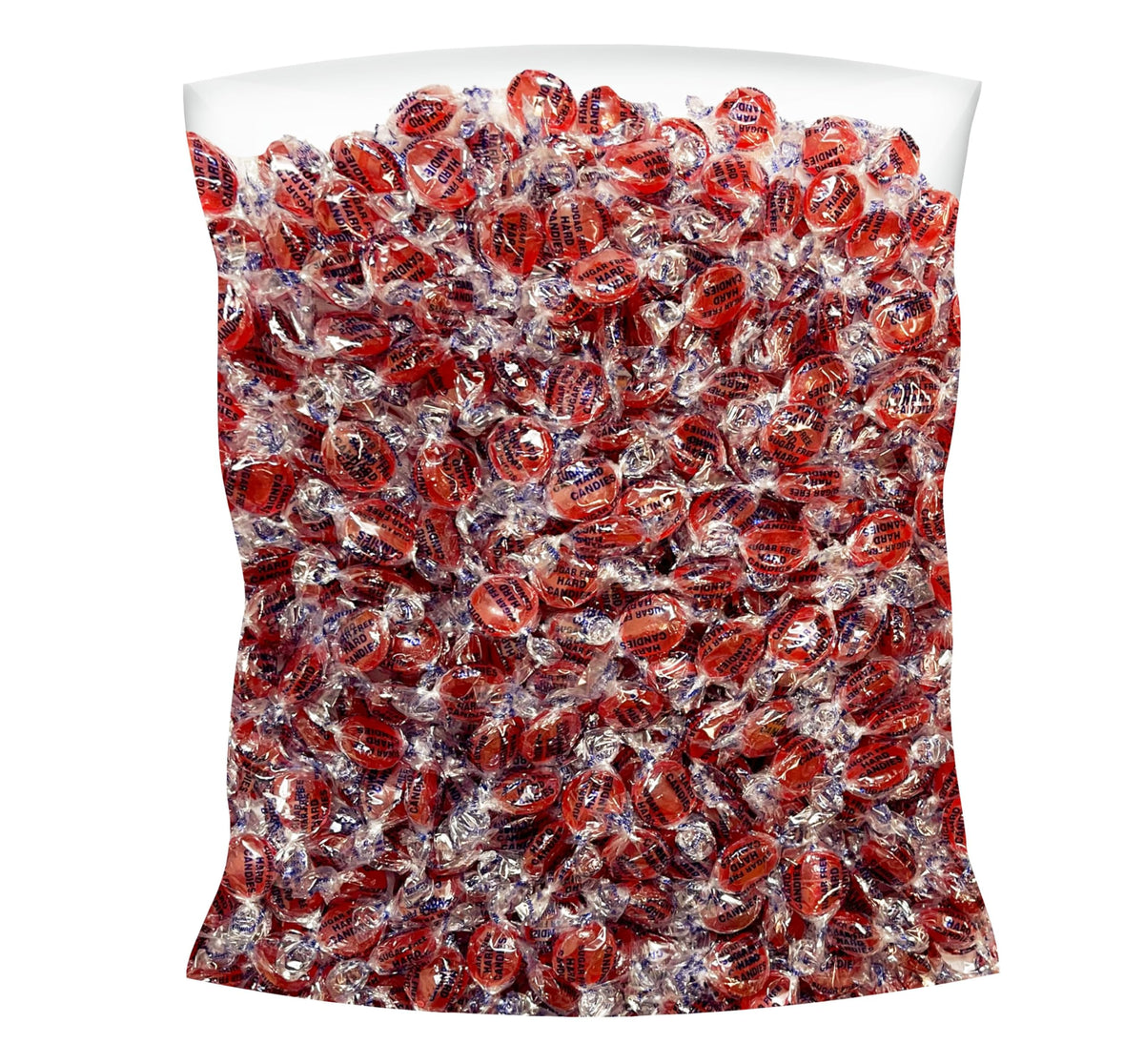 Assortit sugar free cinnamon hard candy discs bulk bag on display; perfect for sharing.