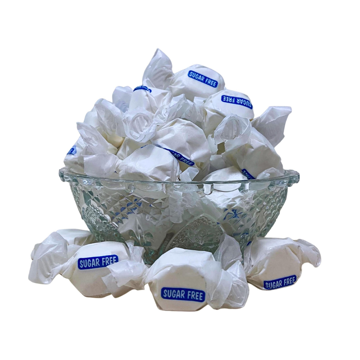 Assortit sugar-free vanilla taffy wrap close-up, individually wrapped for freshness.