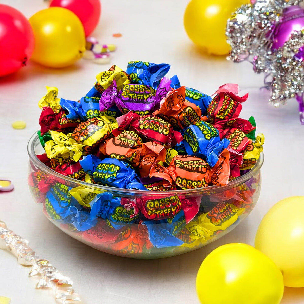 Assortit six-flavor taffy mix ideal for sharing.