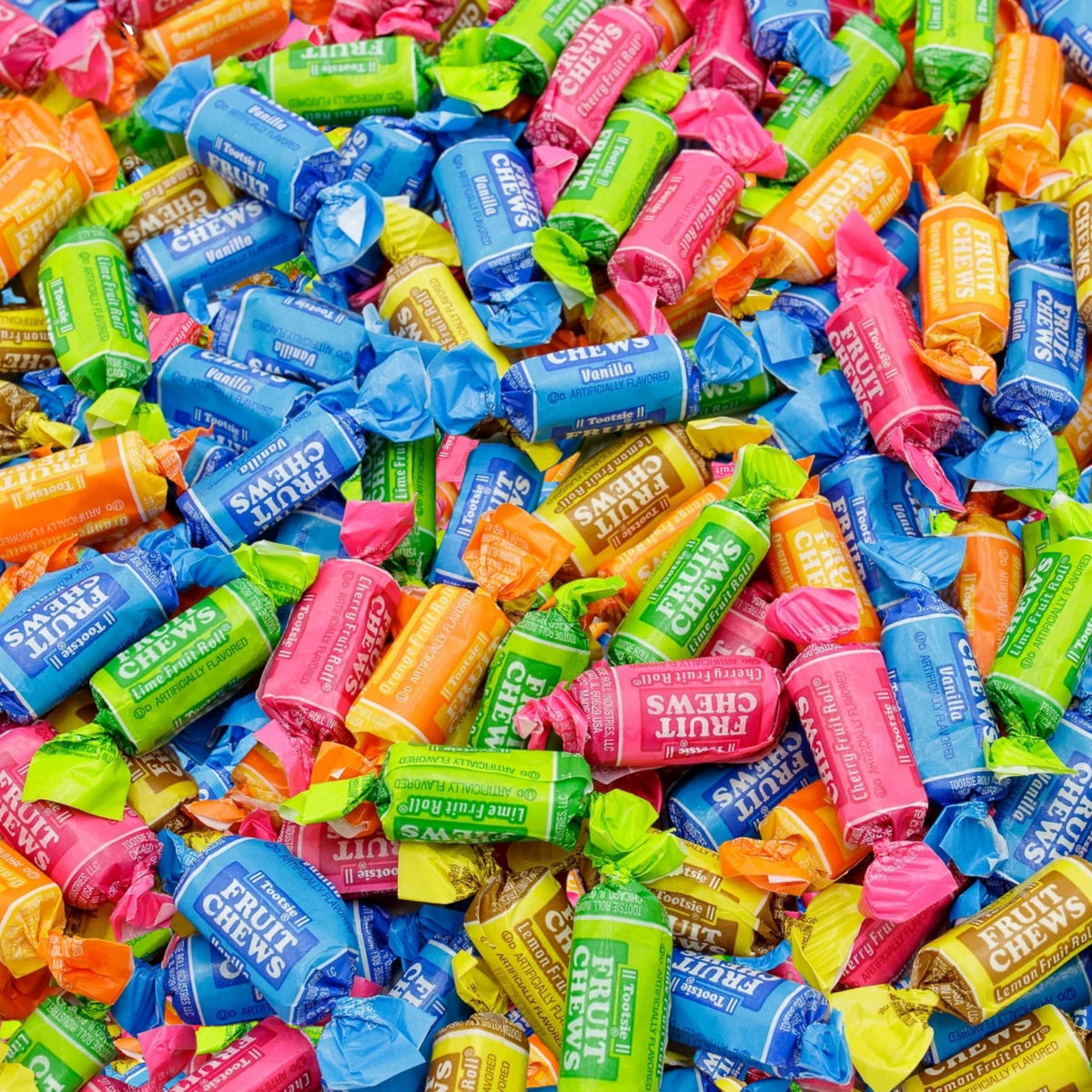 Assortit Tootsie Roll Fruit Chews bag close-up, colorful candies for sharing.