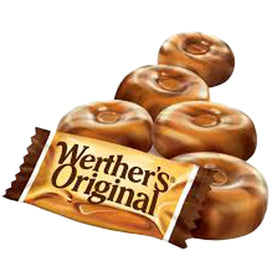 Assortit Werther's Original caramel coffee candy packaging close-up with individually wrapped pieces.