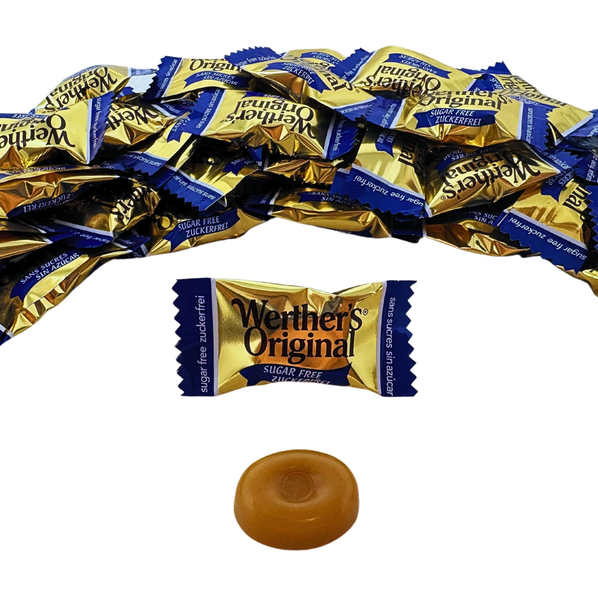 Assortit Werther's Original sugar-free hard caramel candies individually wrapped for mess-free office snacking.