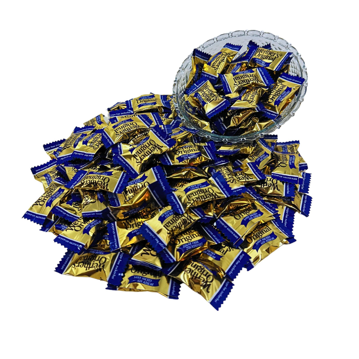 Assortit Werther's Original sugar-free hard caramel candies beside a coffee mug for a cozy break.