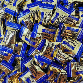 Assortit Werther's Original sugar-free hard caramel candies arranged on a snack plate.