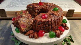 Close-up of Assumption Abbey fruit cake with fruit and nuts