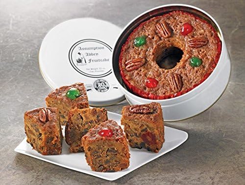 Sliced view of Assumption Abbey fruit cake ready to serve
