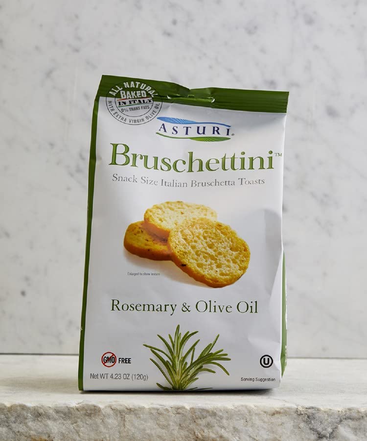 Asturi Bruschettini base baked with durum semolina and unbleached flour for sturdy crunch