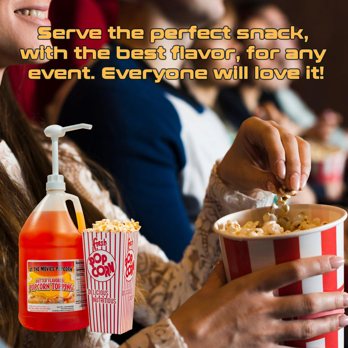 At-The-Movies-Popcorn butter container on shelf ready for serving.