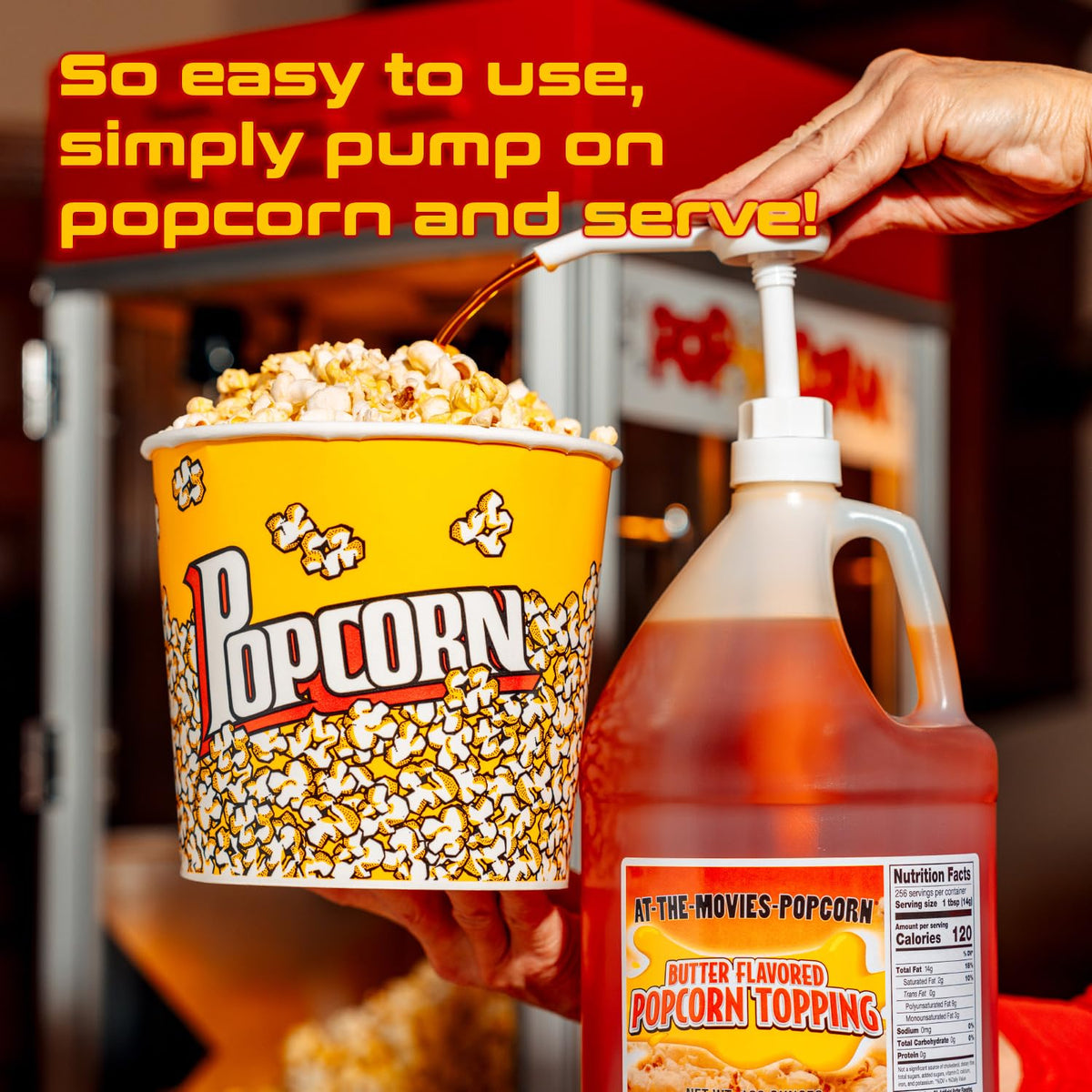 At-The-Movies-Popcorn butter pump action delivers quick, mess-free topping.