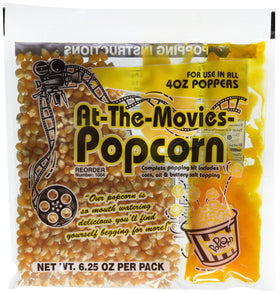 At-The-Movies-Popcorn buttered kettle with separate oil and seasoning pouches for theater-style snacking.