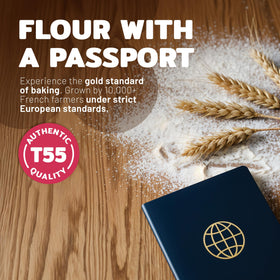 Aterra Mills T55 flour being poured for precise baking preparation