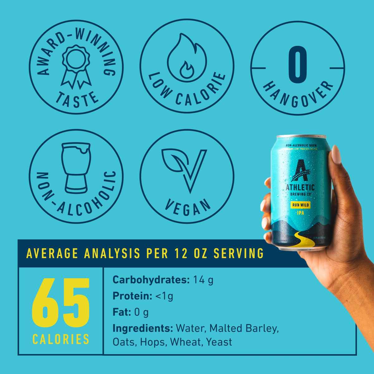 Athletic Brewing Run Wild IPA label close-up, vibrant hops and malt notes.