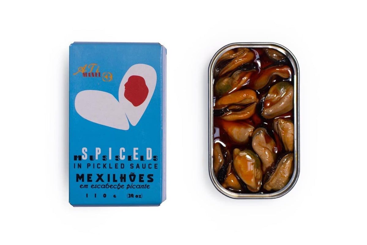 Ati Manel Spanish mussels in spicy pickled sauce—omega-3 rich for quick, tasty meals.