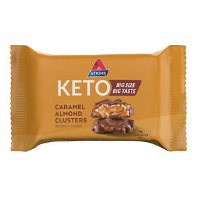 Close-up of Atkins Caramel Almond Clusters with caramel glaze and almond crunch.