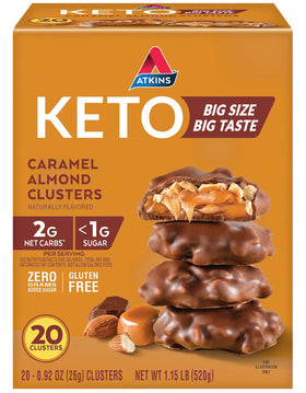 Atkins Caramel Almond Clusters packaging, gluten-free keto snack.