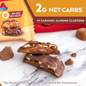 Serving plate of Atkins Caramel Almond Clusters, perfect after meals.