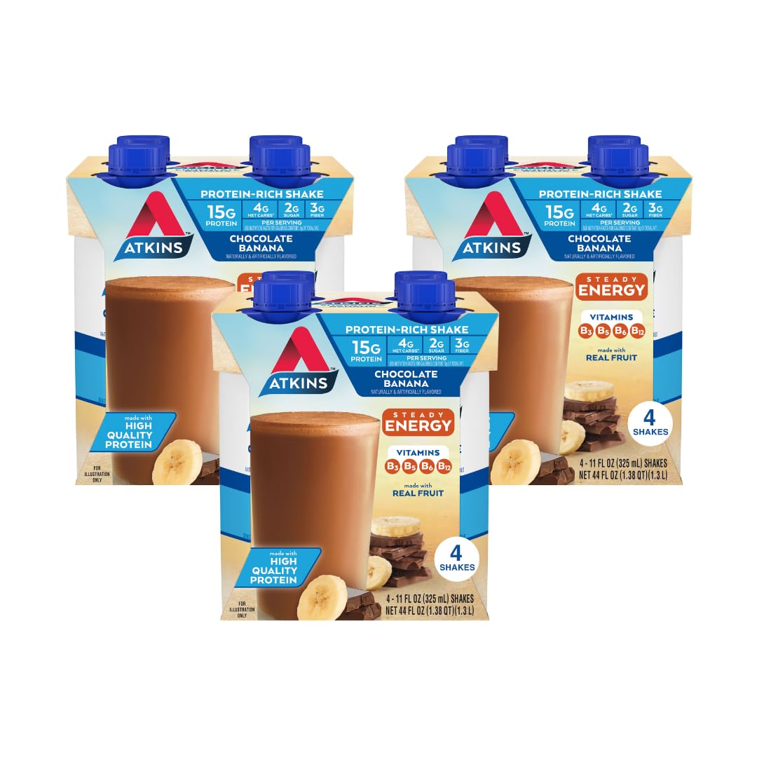 Atkins Chocolate Banana Protein Shake bottle showing convenient ready-to-drink packaging for busy mornings