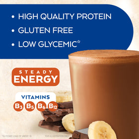 Glass pours Atkins Chocolate Banana Shake highlighting rich flavor and smooth consistency