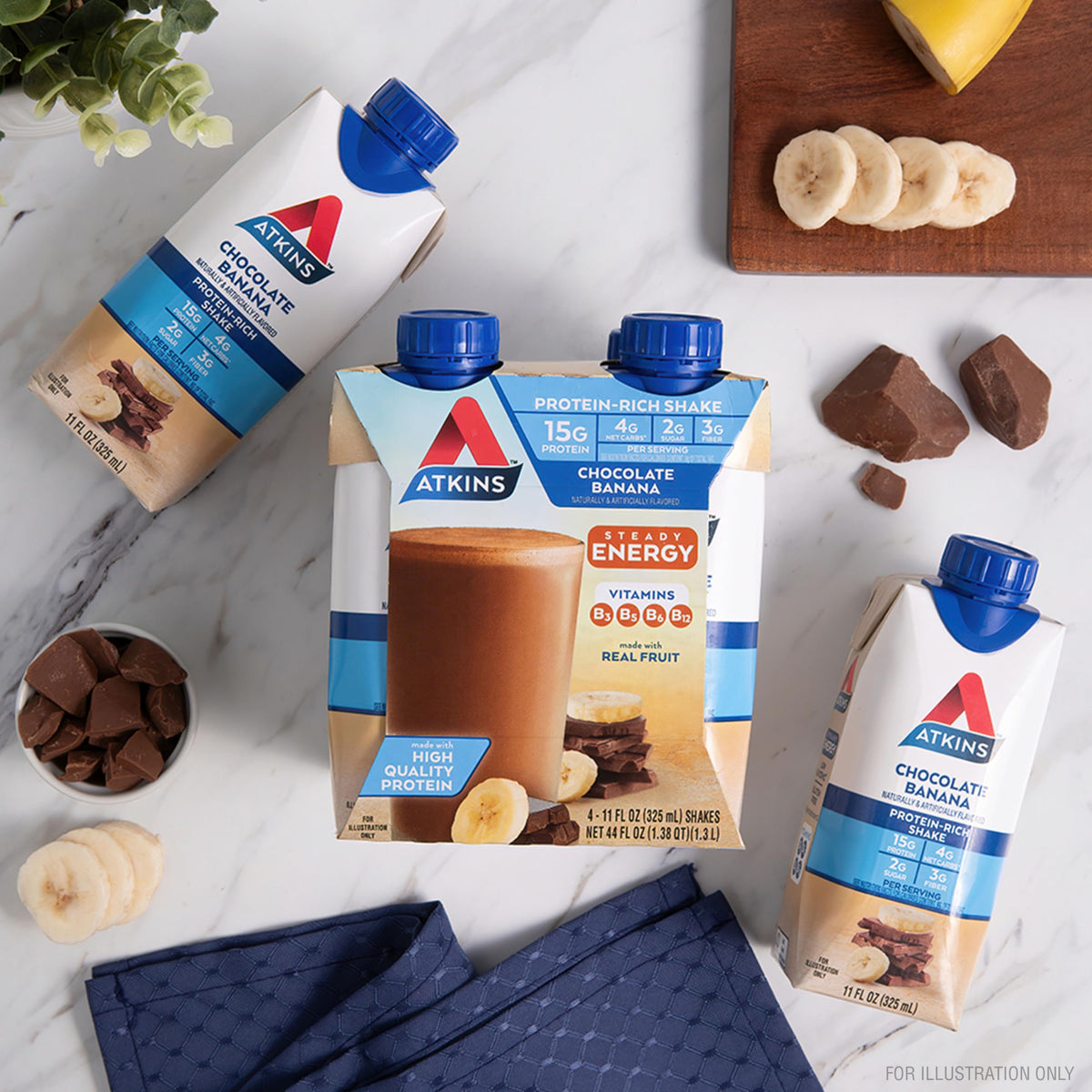 Nutrition facts label on Atkins shake emphasizing 15g protein and 5g net carbs