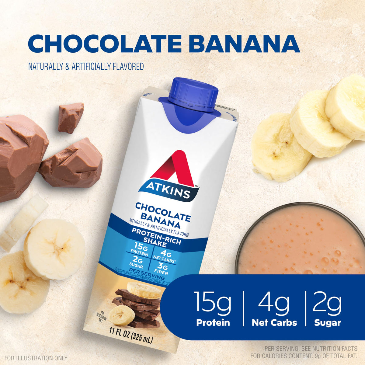 Opened Atkins shake bottle with creamy chocolate banana aroma ready to sip