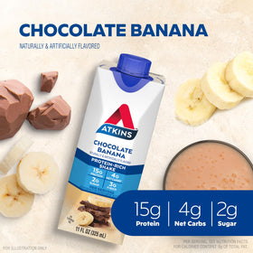 Opened Atkins shake bottle with creamy chocolate banana aroma ready to sip