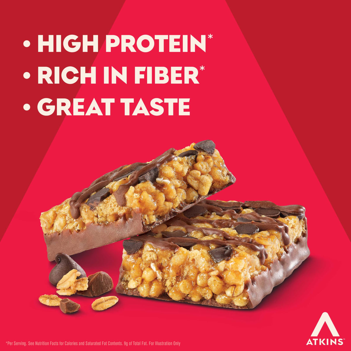Close-up of Atkins Granola Bar showing chocolate chips and crunchy granola texture.