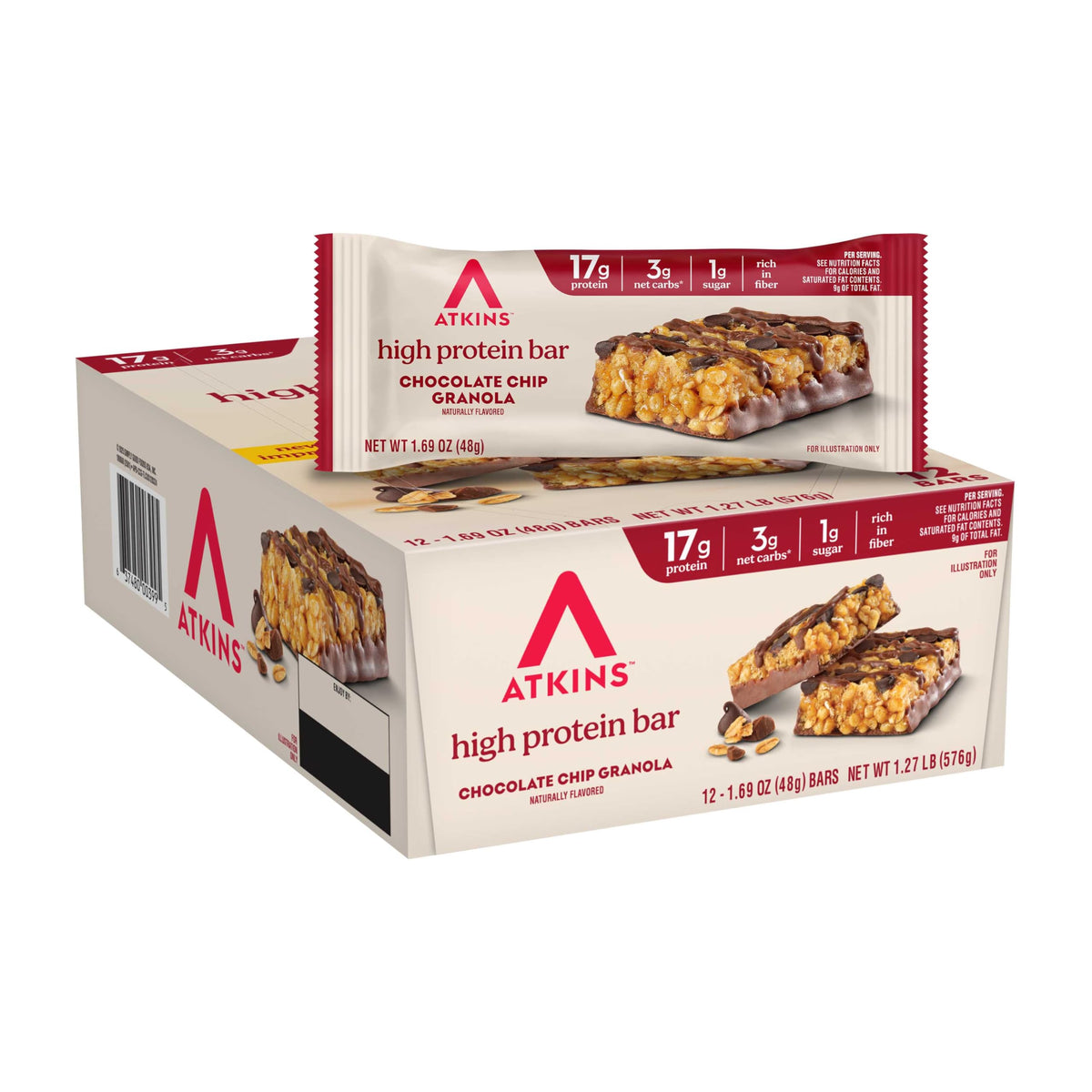 Atkins Chocolate Chip Granola Bar wrapped for a keto-friendly, high-protein snack on the go.