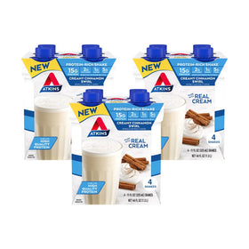 Atkins Creamy Cinnamon Swirl bottle with 15g protein for breakfast.