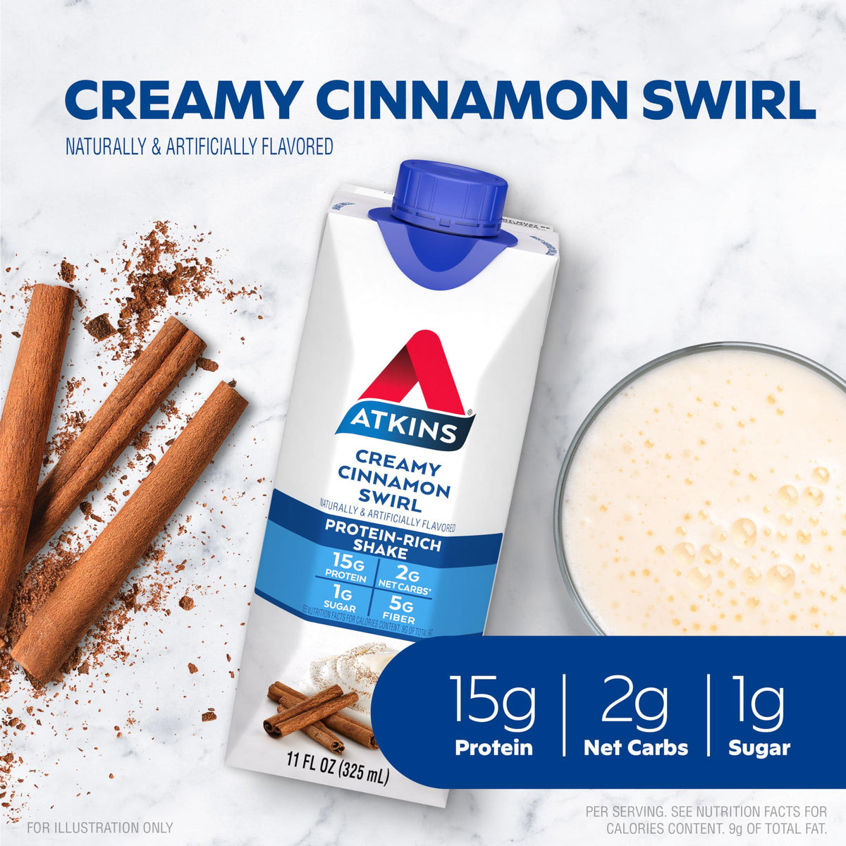 Atkins Creamy Cinnamon Swirl carton showing low net carbs and keto-friendly profile.