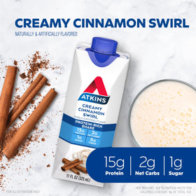 Atkins Creamy Cinnamon Swirl carton showing low net carbs and keto-friendly profile.