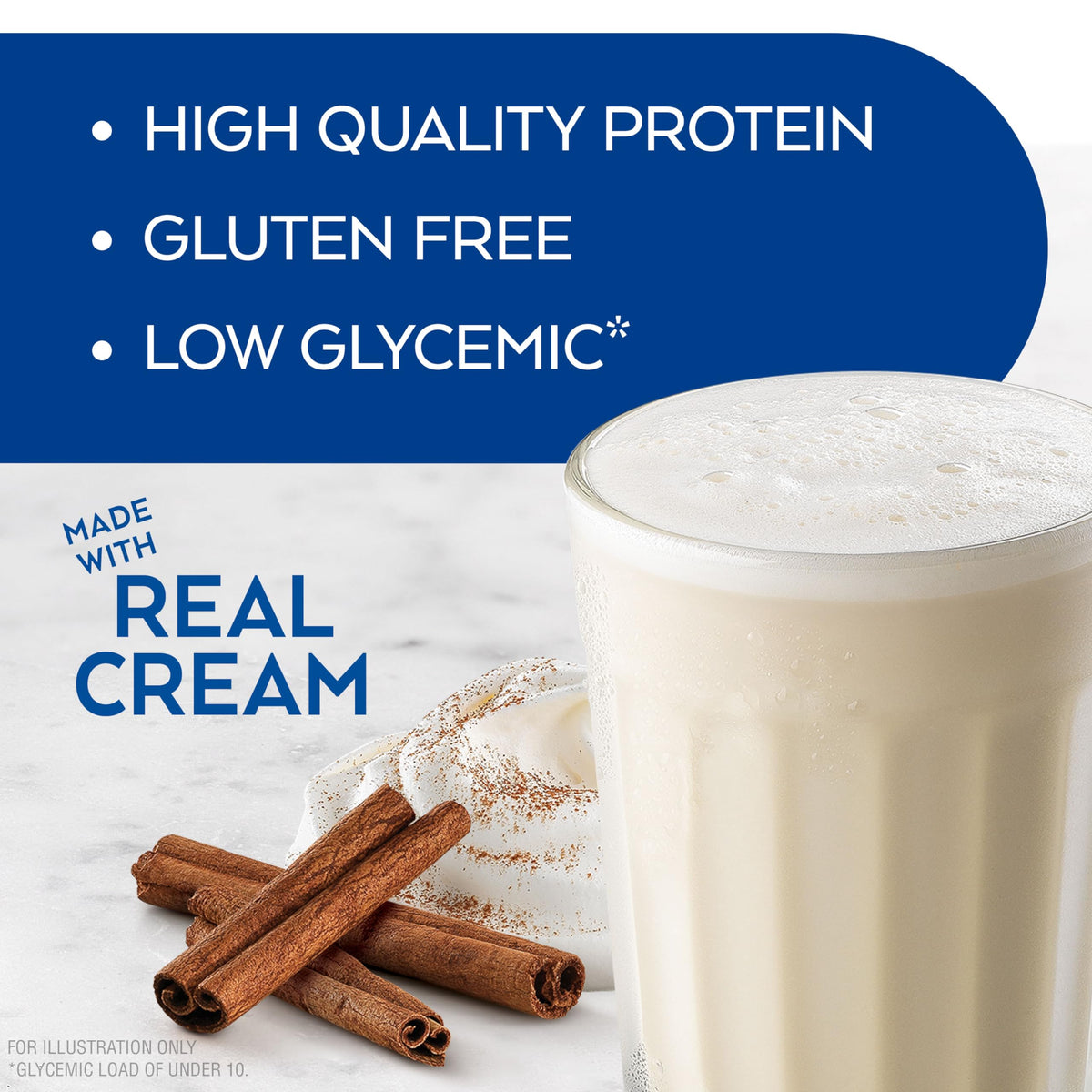 Close-up of Atkins Creamy Cinnamon Swirl label highlighting 2g net carbs and 1g sugar.