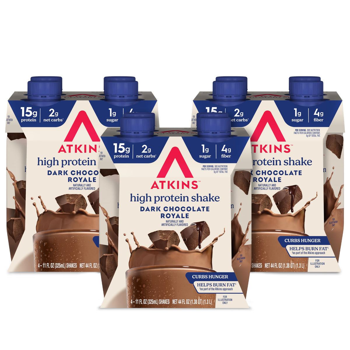 Atkins Dark Chocolate Royale bottle pour emphasizes keto-friendly protein for busy mornings.