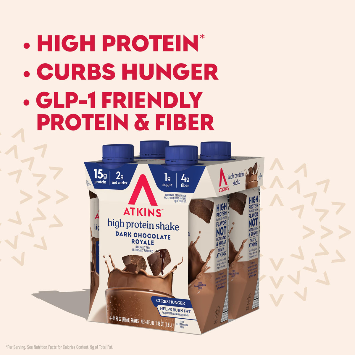 Atkins Dark Chocolate Royale nutrition facts panel details protein, carbs, and fiber per serving.