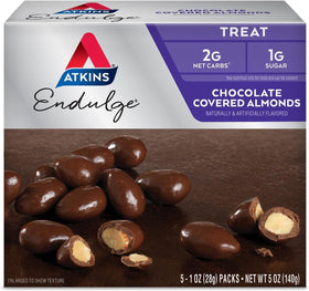 Atkins Endulge chocolate covered almonds in a 4-pack, keto friendly snack option.