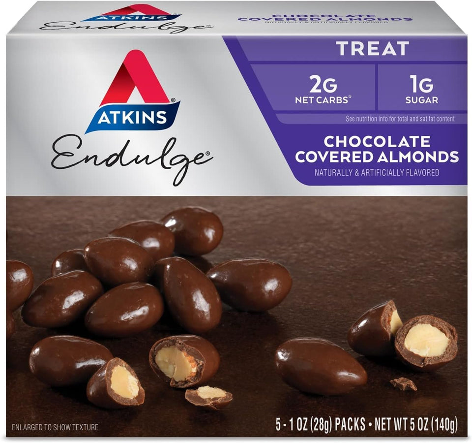 Atkins Endulge chocolate covered almonds in a 4-pack, keto friendly snack option.